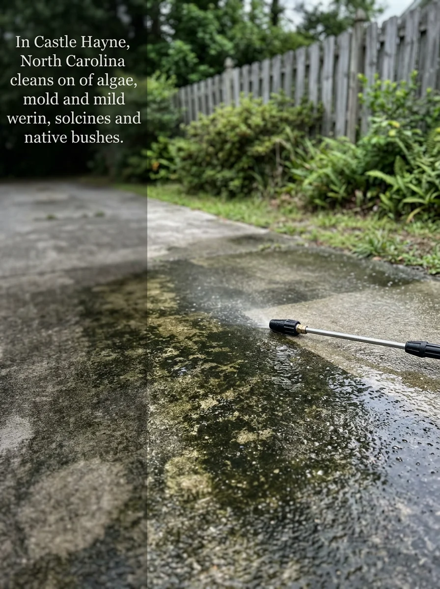 Concrete driveway with algae and mold staining from Castle Hayne's high rainfall and humid climate