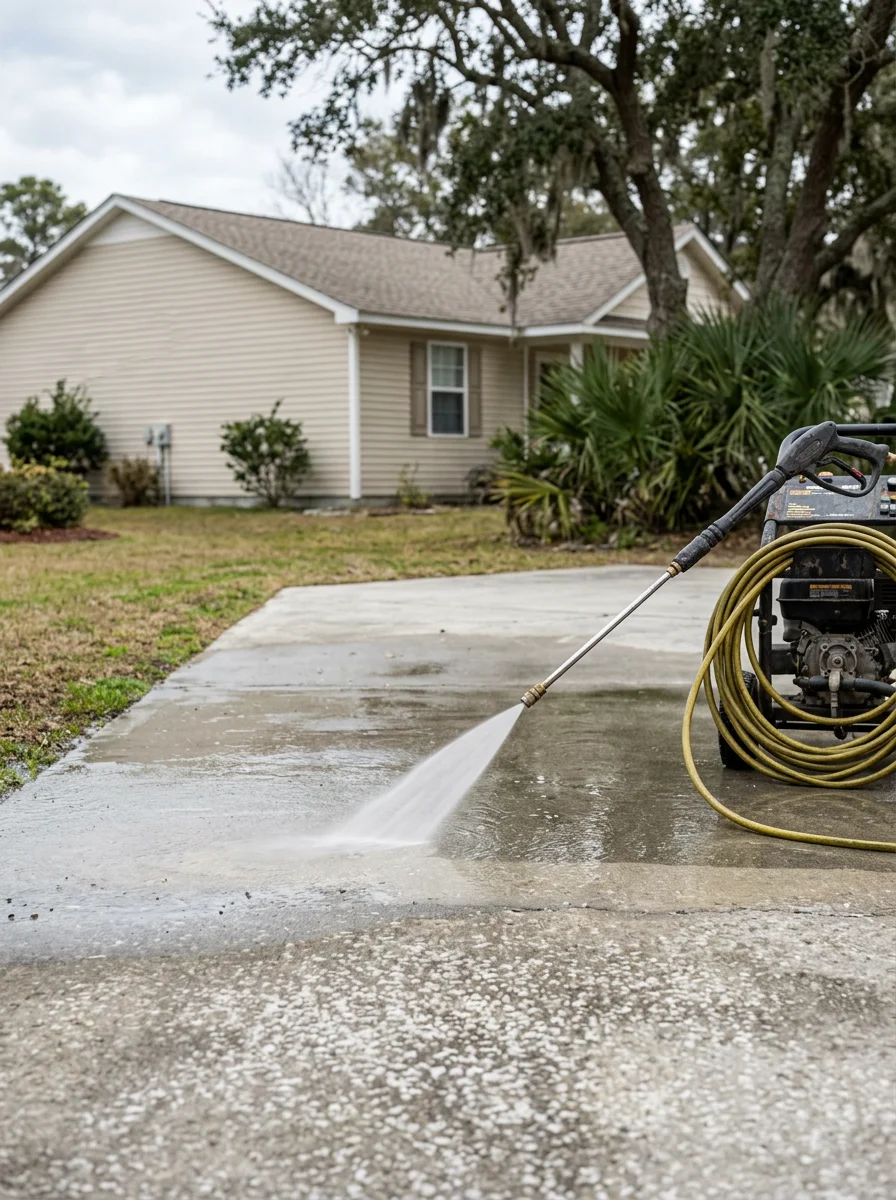 Pressure washing salt deposits from concrete driveway in Myrtle Grove residential area