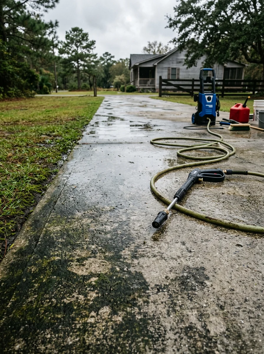 Concrete driveway in Rocky Point with algae staining and water pooling from flat terrain drainage issues