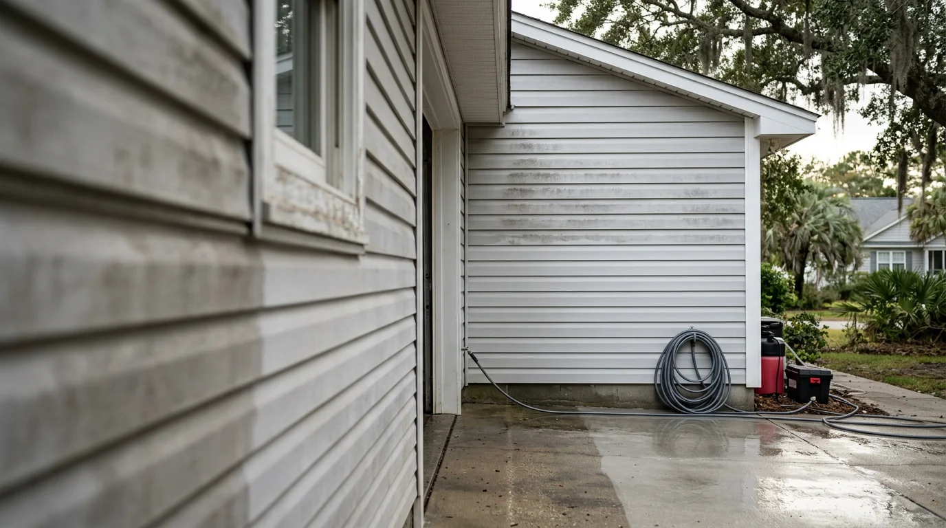A residential property exterior in Wilmington, NC showing clean siding, a brightened concrete driveway, and a deck cleared of mold and algae buildup after a deeper clean pressure washing service. The finished surfaces show an even color with no streaking or organic residue.