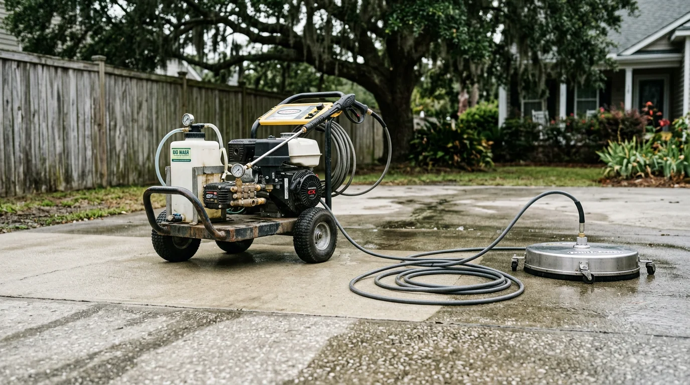 Professional pressure washing equipment cleaning a concrete driveway at a residential property in Wilmington, NC, with a rotating surface cleaner removing algae and dark staining from the coastal climate. Low-pressure soft washing setup visible nearby for siding treatment.