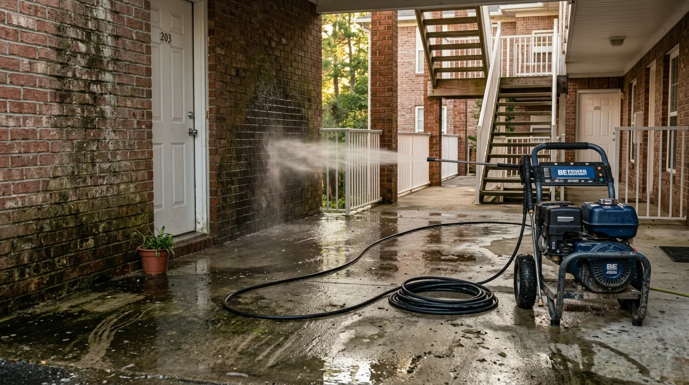 Pressure washing technician cleaning a mold-stained breezeway at a multi-story apartment complex in Wilmington, NC. The concrete walkway and exterior siding show visible before-and-after contrast from the cleaning.