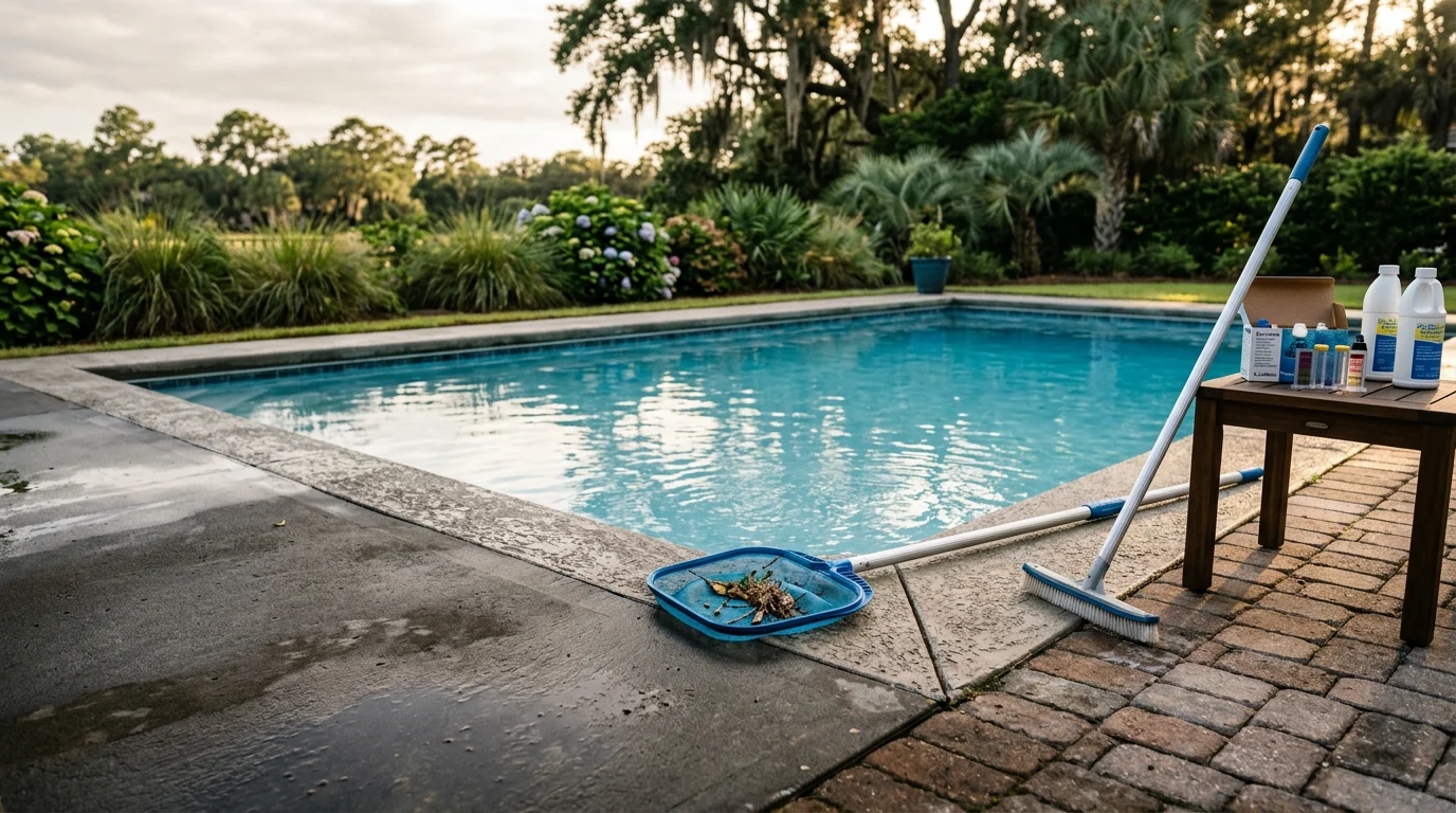 A clean residential swimming pool with clear blue water in a backyard near Wilmington, NC, showing brushed tile lines and a debris-free surface on a sunny coastal day.