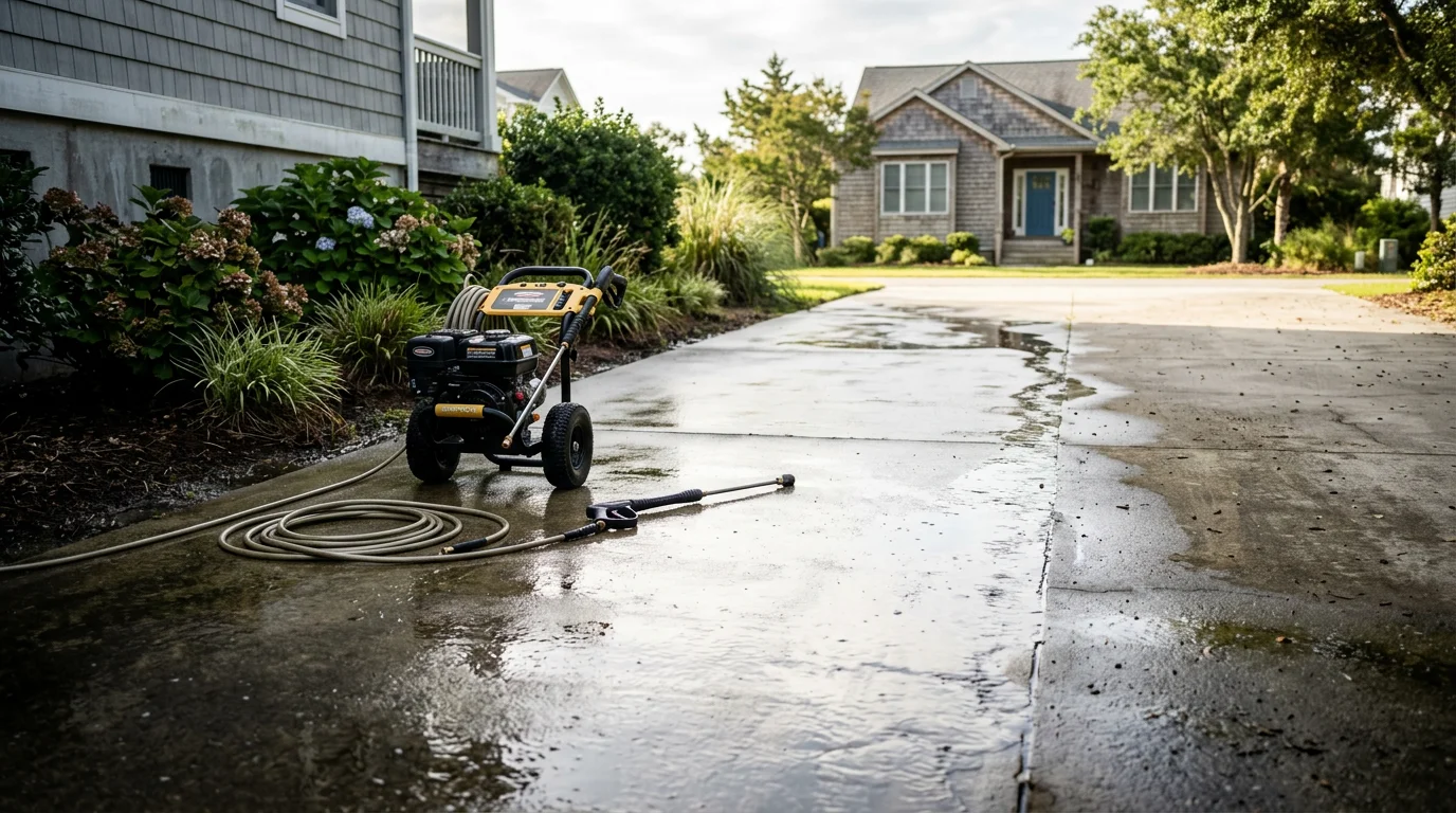 A concrete driveway in Wilmington, NC shown after a deeper clean pressure washing service, with heavy algae staining and embedded grime removed from the surface. The cleaned concrete contrasts with a visibly darker, untreated section at the edge of the frame.