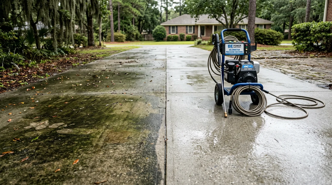A residential concrete driveway in Wilmington, NC shown after professional pressure washing, with dark mold and algae staining fully removed and an even, clean surface visible from the street. The home sits beneath a live oak canopy typical of the Cape Fear coastal area.