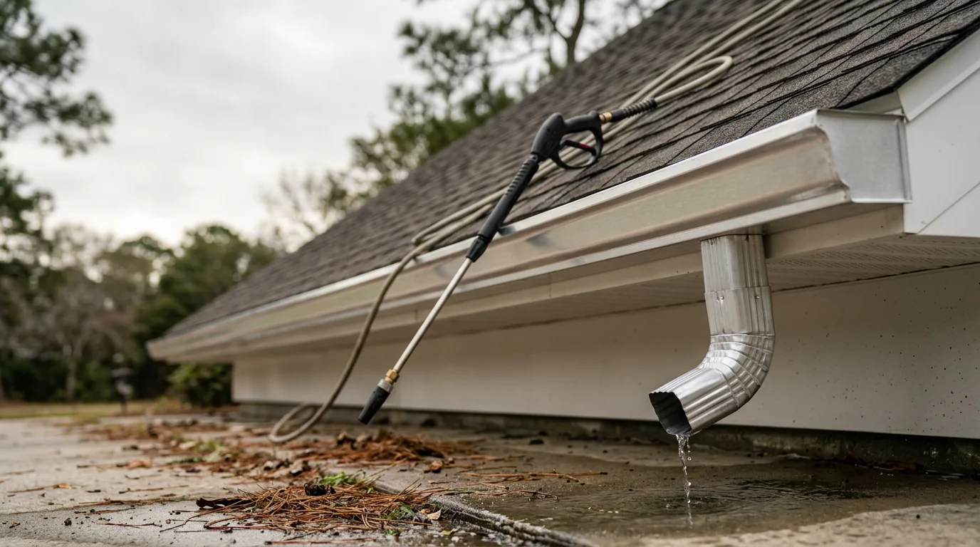 A technician cleaning packed pine needle debris from aluminum gutters on a single-story home in Wilmington, NC, with a cleared downspout visible at the corner. The brightened exterior gutter face shows a clean, streak-free finish after tiger stripe staining has been removed.