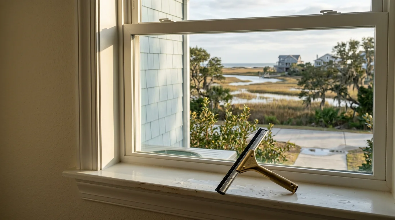 A residential home in Wilmington, NC with freshly cleaned exterior windows reflecting clear coastal sky, frames and sills free of salt residue and pollen buildup. Close view shows streak-free glass on a multi-pane window typical of coastal Cape Fear area homes.