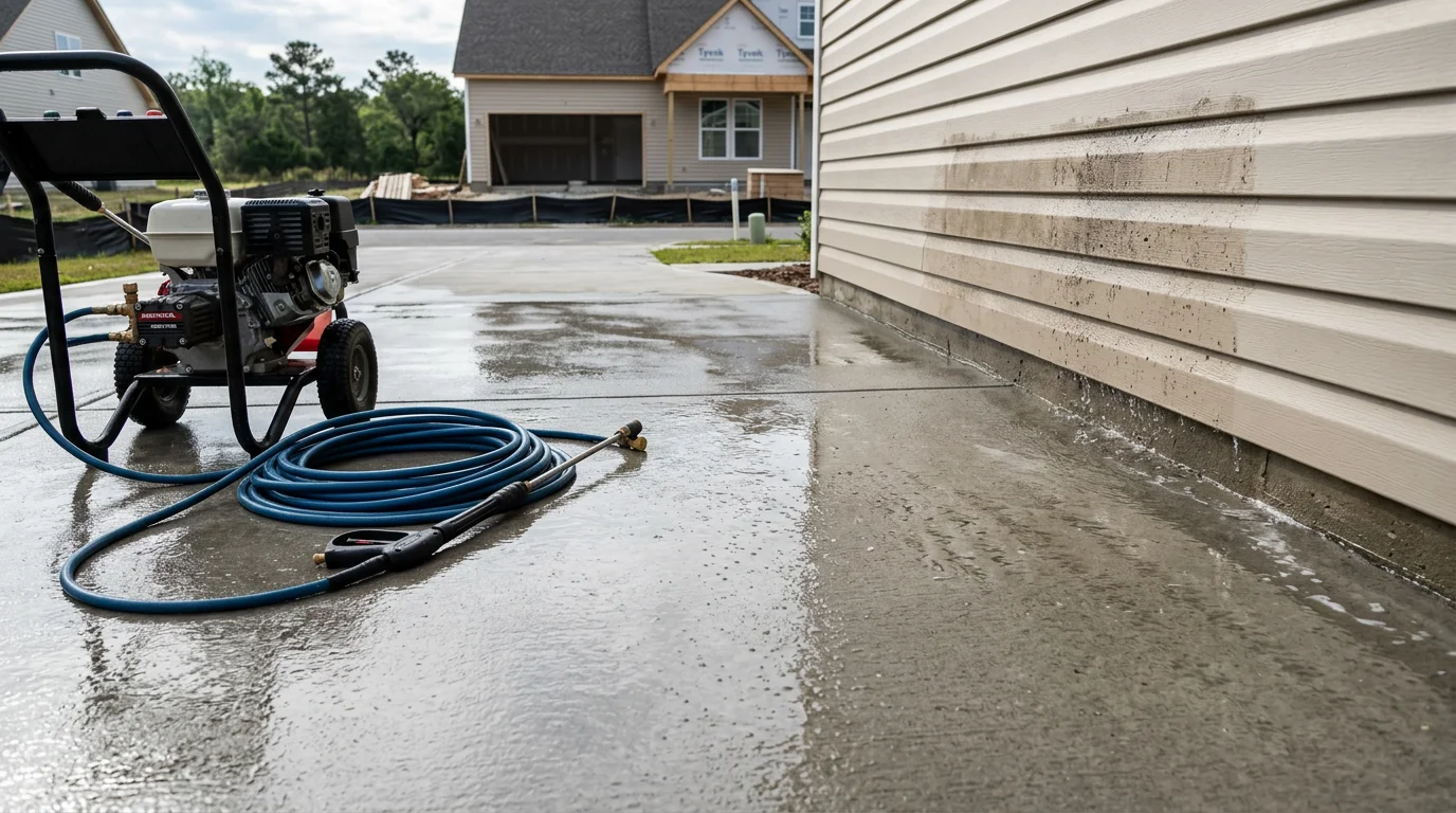 A newly built home exterior in Wilmington, NC being pressure washed to remove construction dust and concrete splatter from the driveway and siding. The cleaned surfaces show a finished, move-in ready appearance with no visible residue.