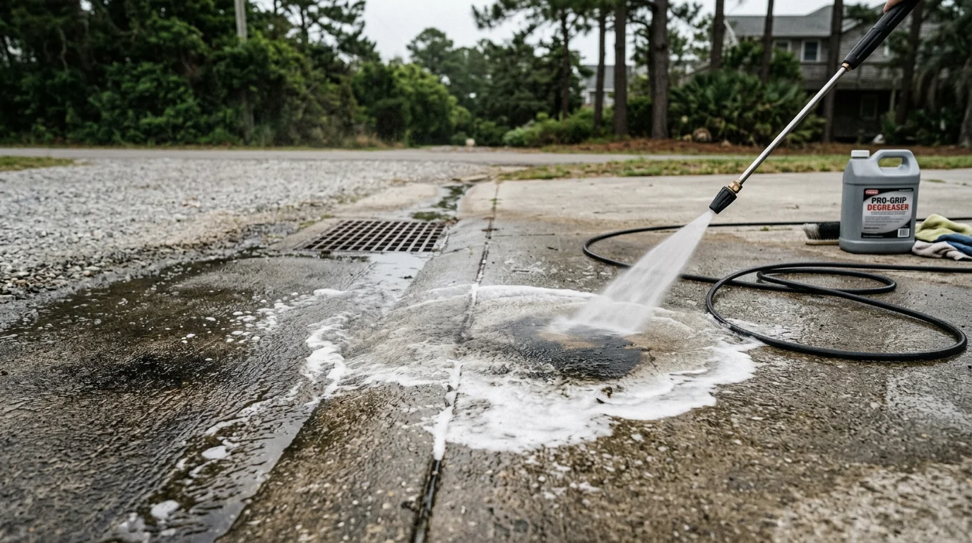 A concrete driveway in Wilmington, NC with a dark oil stain being treated by a pressure washing technician using professional equipment. The left side of the driveway shows the cleaned concrete surface contrasted against the stained right side.
