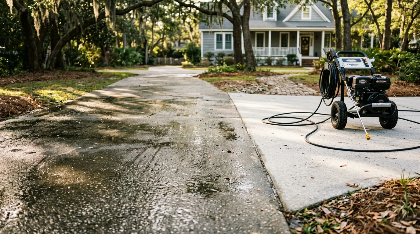 A Wilmington, NC home driveway and siding after professional pressure washing, showing clean concrete free of algae staining and bright exterior surfaces with coastal landscaping visible in the background.