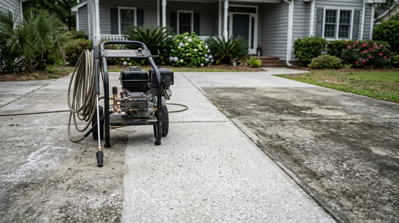 A residential home exterior in Wilmington, NC with clean siding and a freshly washed driveway after professional pressure washing service. Mold and algae staining have been removed from the front facade and concrete surfaces.