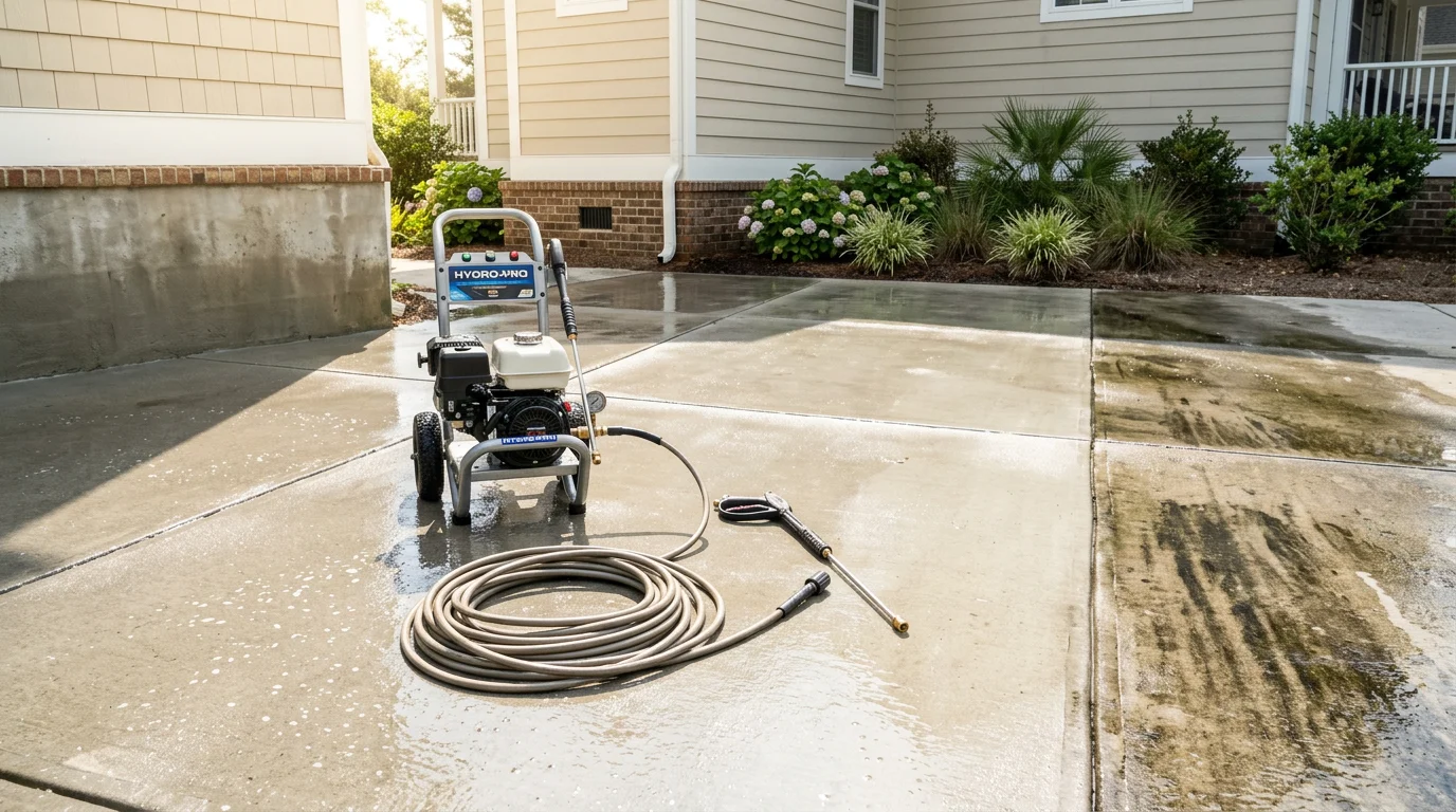 Residential home exterior in Wilmington, NC showing clean siding and walkway after professional pressure washing service. Coastal-style house with no visible mold, algae streaks, or pollen buildup on the facade or driveway.