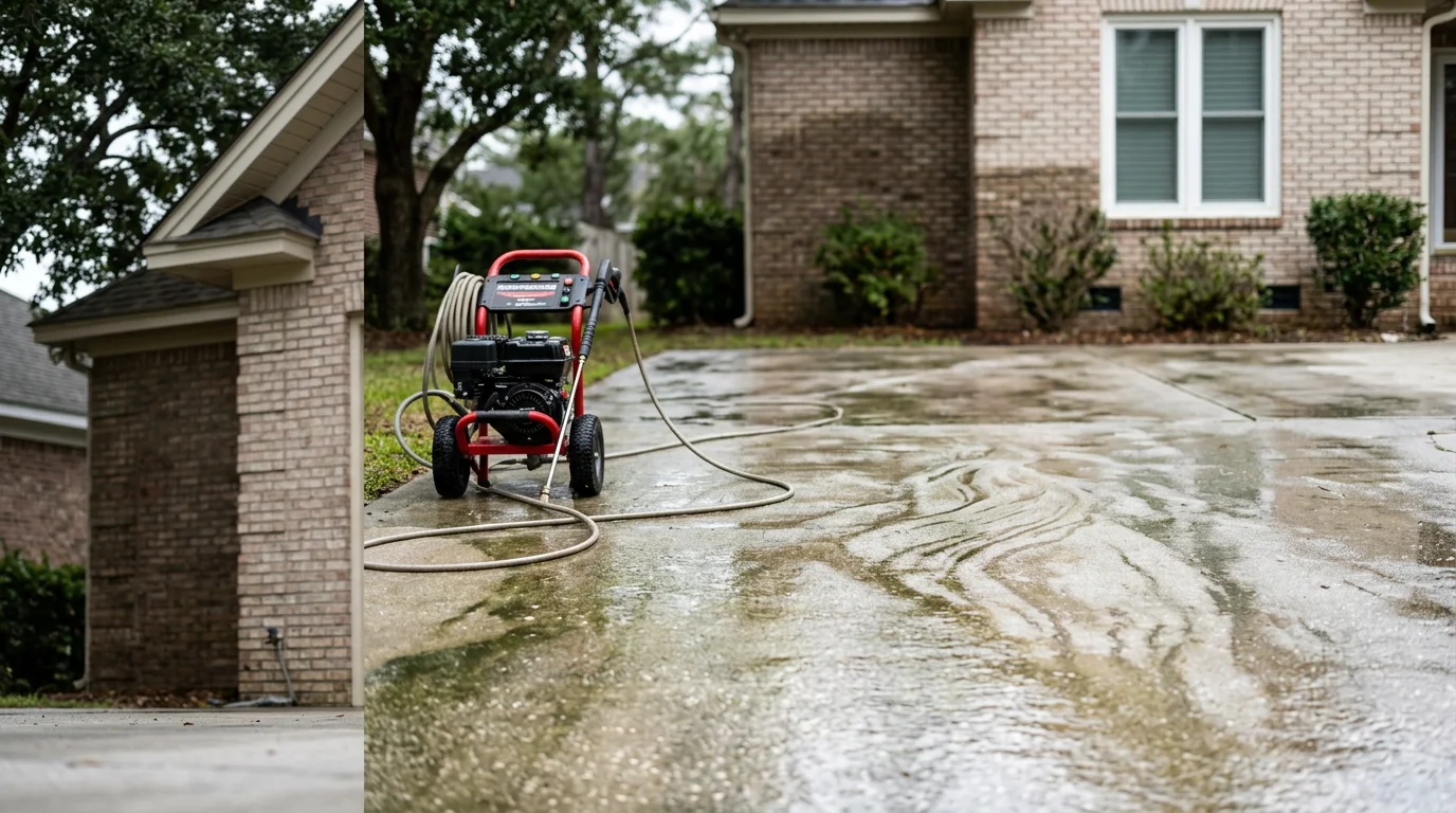 A Wilmington, NC home exterior after professional soft wash pressure washing, showing clean vinyl siding and a clear concrete driveway free of green algae and coastal salt film.