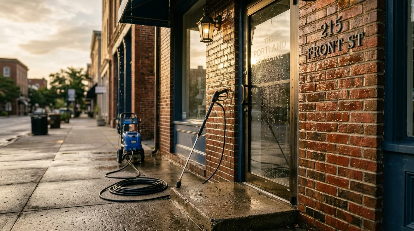 Pressure washing technician cleaning the exterior facade and concrete sidewalk of a retail storefront in Wilmington, NC. The building surface shows removal of algae and road film typical of coastal Cape Fear commercial properties.