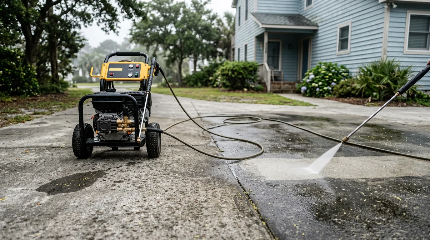 A Wilmington, NC home exterior after professional pressure washing, showing clean siding and a bright concrete driveway free of algae and coastal salt buildup. The property sits in a residential neighborhood typical of the greater Wilmington area.