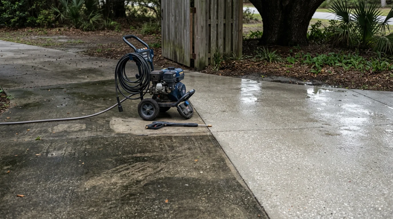 A Wilmington, NC home exterior showing clean siding and a clear concrete driveway after professional pressure washing by Rose Property Service. Coastal vegetation and a bright afternoon sky are visible in the background.