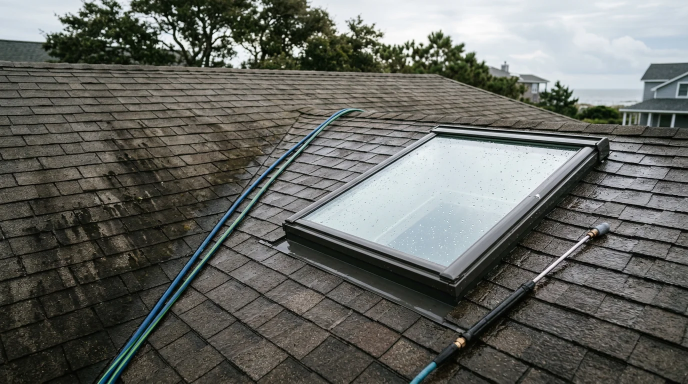 A residential rooftop in Wilmington, NC shown after professional cleaning, with dark algae streaks removed from the shingles and a clear skylight panel visible against the coastal sky.