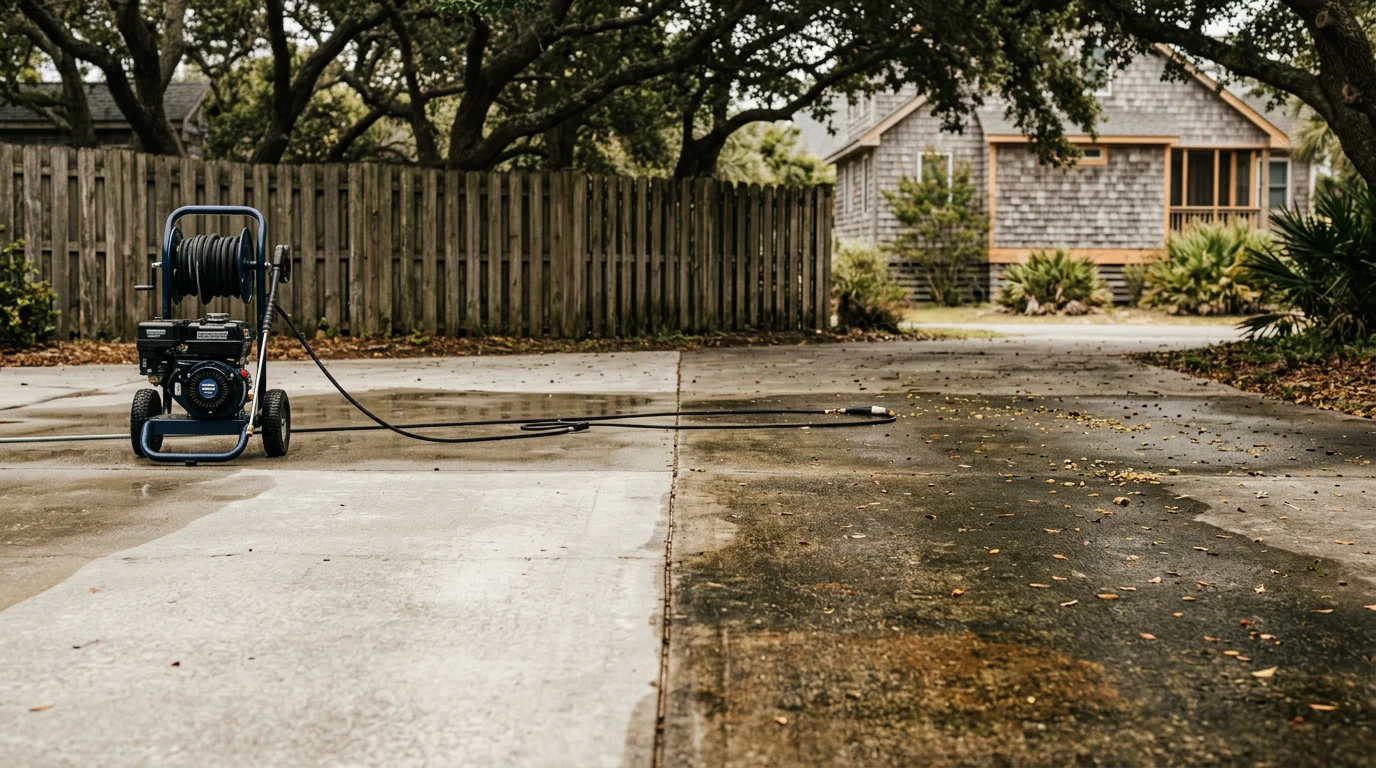 Exterior concrete driveway in Wilmington, NC showing before-and-after stain removal results, with algae and rust staining cleared from the surface. Close-up view of a coastal home's cleaned siding with tannin and mildew stains removed by Rose Property Service.