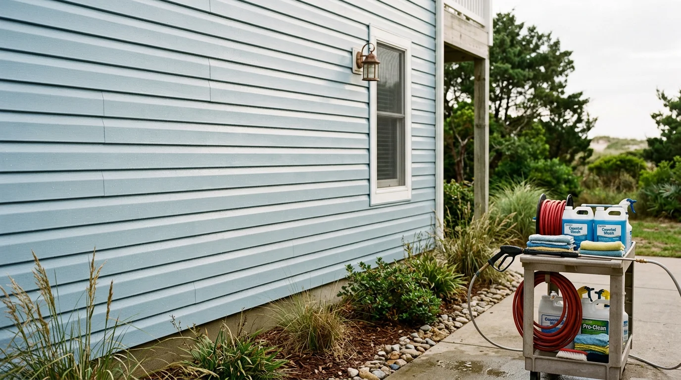 Vinyl siding on a two-story coastal home in Wilmington, NC shown after soft wash cleaning, with green algae and salt film fully removed from the panels and trim.
