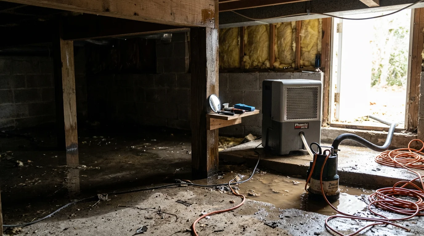 Interior view of a Wilmington, NC home showing water-damaged drywall and buckled hardwood flooring after storm flooding. A contractor inspects the affected crawl space access area near the exterior wall.