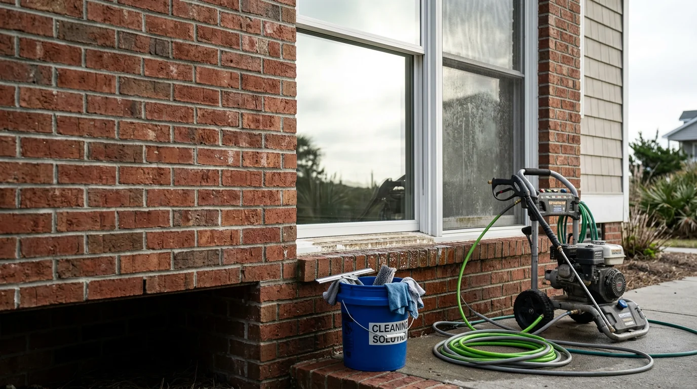 A technician cleaning exterior windows on a coastal home in Wilmington, NC, with clear streak-free glass reflecting the surrounding landscape. Salt residue and pollen buildup have been fully removed from the frames and sills.
