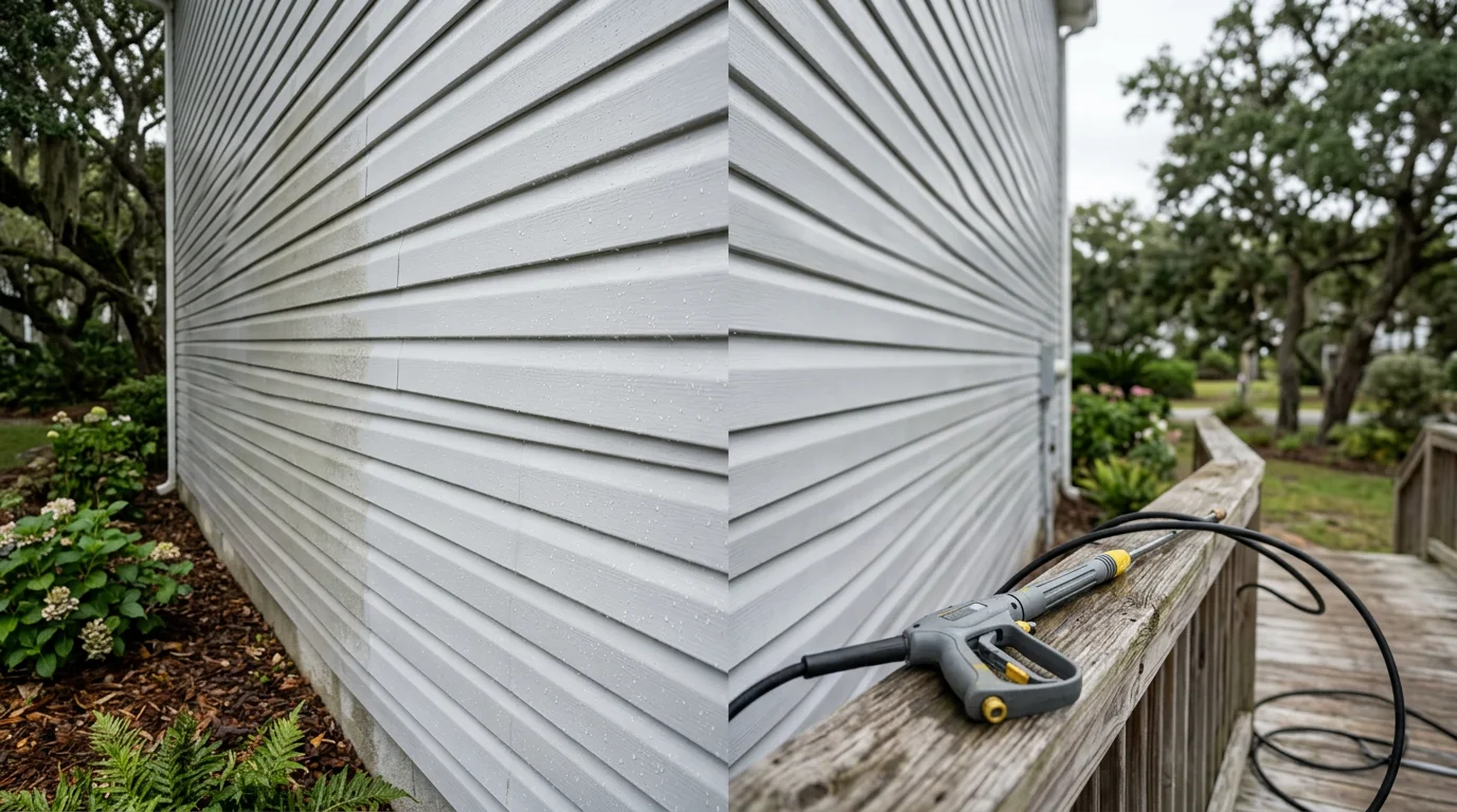 Exterior siding on a coastal Wilmington, NC home after soft wash cleaning, showing a clean surface free of green algae and salt film. The shaded side of the house is visibly restored with no streaking or residue.